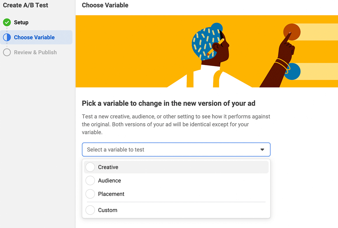 image de l'étape Choisir une variable pour le test A/B dans le Gestionnaire de publicités